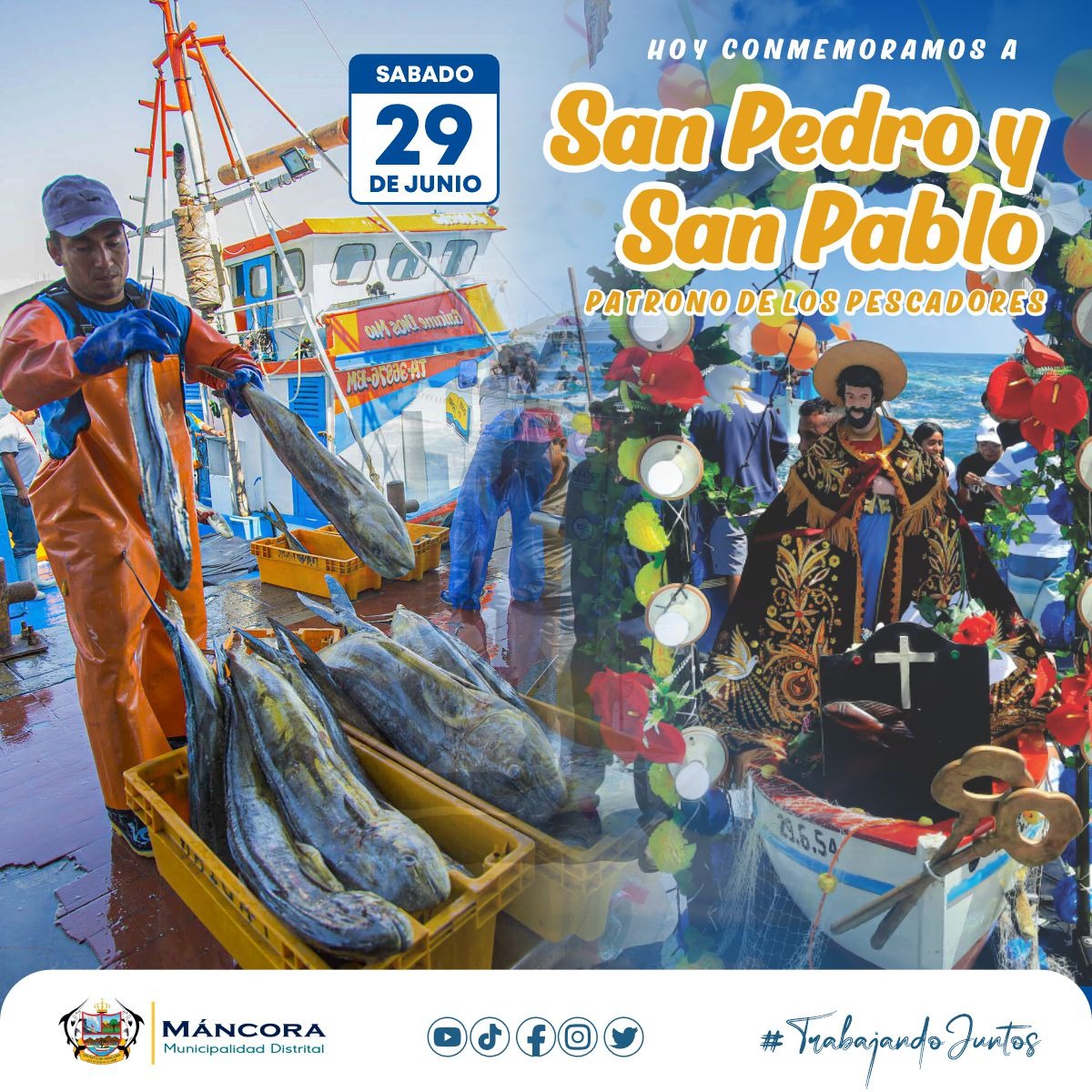 El alcalde distrital Manuel Cruz Aguilar, regidores, funcionarios y personal municipal envía un saludo especial a todos los pescadores en su día.