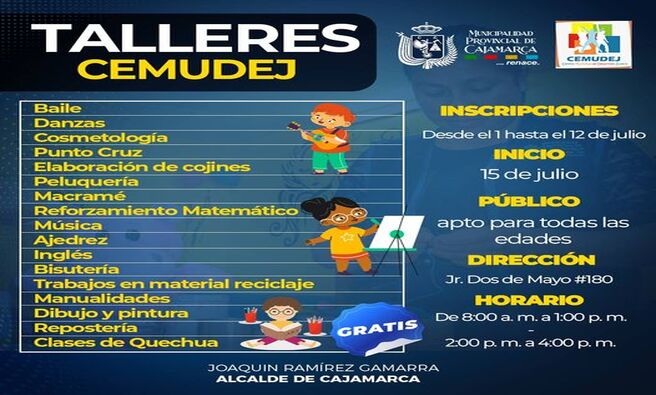 📌Ven y participa gratis de todos nuestros talleres, solo tienes que inscribirte en el Jr. Dos de Mayo #180 en el horario de 8:00 a.m a 4:00 p. m. y podrás aprender muchas cosas nuevas 😁