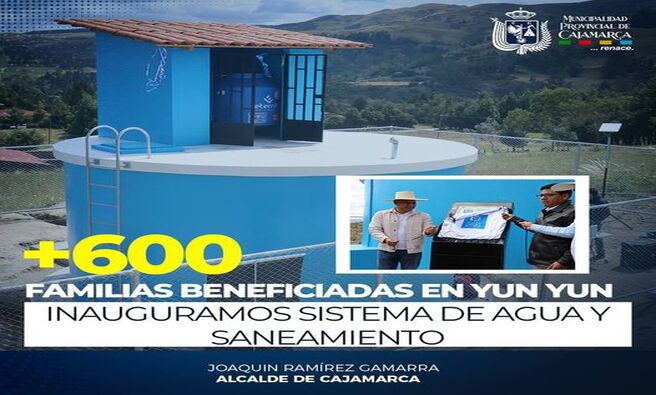 📌El alcalde provincial de Cajamarca, Joaquin Ramírez Gamarra, inauguró y entregó la obra de mejoramiento y ampliación del servicio de agua potable y saneamiento en el Caserío de Yun Yun, en el Centro Poblado de Porcón Bajo, la misma que beneficia a más de 650 familias de la zona rural, mejorando las condiciones de vida.
✅Esta obra, con un presupuesto superior a los 5 millones y medio de soles, es un anhelo de muchos años de los pobladores de Yun Yun, quienes agradecieron al alcalde provincial por hacer realidad este proyecto, liderando las gestiones y los trabajos para que finalmente sea entregado a la Junta Administradora de Servicios de Saneamiento.