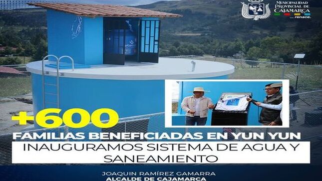📌El alcalde provincial de Cajamarca, Joaquin Ramírez Gamarra, inauguró y entregó la obra de mejoramiento y ampliación del servicio de agua potable y saneamiento en el Caserío de Yun Yun, en el Centro Poblado de Porcón Bajo, la misma que beneficia a más de 650 familias de la zona rural, mejorando las condiciones de vida.
✅Esta obra, con un presupuesto superior a los 5 millones y medio de soles, es un anhelo de muchos años de los pobladores de Yun Yun, quienes agradecieron al alcalde provincial por hacer realidad este proyecto, liderando las gestiones y los trabajos para que finalmente sea entregado a la Junta Administradora de Servicios de Saneamiento.