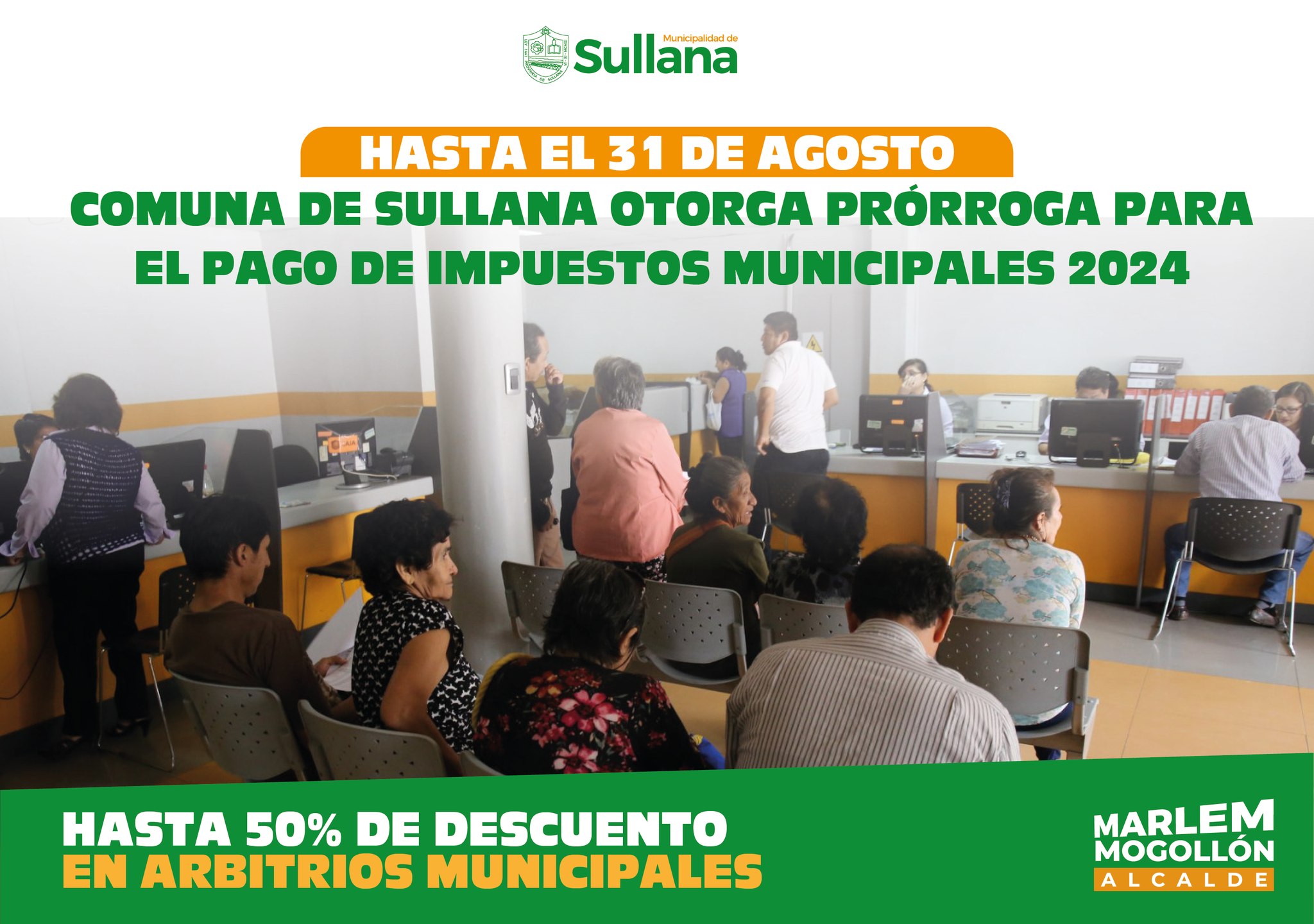 El Ing. Marlem Mogollón Meca emitió el Decreto de Alcaldía 07-2024, mediante el cual aprueba la prórroga para el pago de los impuestos municipales del año 2024, extendiendo el plazo hasta el 31 de agosto. Esta iniciativa tiene como objetivo facilitar a los contribuyentes el cumplimiento de sus obligaciones tributarias, ofreciendo significativos descuentos en intereses y reajustes de deudas vencidas.
El Gerente de Administración Tributaria, C.P.C. José Carlos Mosqueda Carranza, destacó los principales beneficios de esta campaña, entre los que se incluyen:
• Descuentos del 100% en intereses y reajustes de deudas para impuesto predial, vehicular y arbitrios municipales correspondientes a los años 2023 y 2024.
• Descuento del 50% en el pago de arbitrios municipales para quienes paguen al contado el impuesto predial 2024 y estén al día con el 2023.
• Descuento del 50% en los arbitrios municipales para quienes opten por el pago fraccionado del impuesto predial 2024 y estén al día con el 2023.
• Descuentos del 30% y 20% para contribuyentes con deudas de impuesto predial de años anteriores.
La campaña de beneficios tributarios, que se lleva a cabo hasta el 31 de agosto, permite a los contribuyentes obtener descuentos y reajustes de deudas correspondientes a los años 2023 y 2024, aplicables al impuesto predial, impuesto vehicular y arbitrios municipales.
Asimismo, este plazo también es el último día para regularizar la información de los predios, vehículos nuevos y viviendas construidas, evitando así multas, sanciones o ser reportados a INFOCORP.