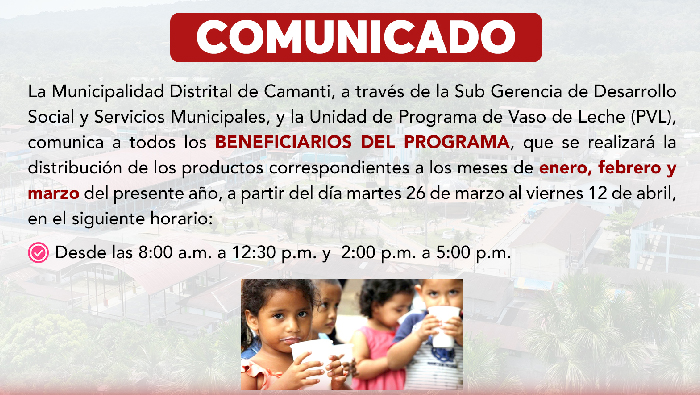 Comunicado: Atención con todos los beneficiarios del Programa de Vaso de Leche (PVL)