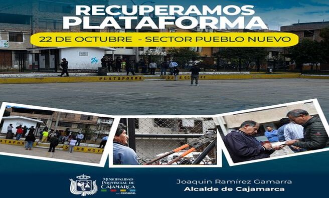 📌La Municipalidad Provincial de Cajamarca, a través de la subgerencia de Participación Vecinal y Registro Civil y el procurador Público Municipal, realizaron la recuperación extrajudicial de un bien municipal como la plataforma 𝟐𝟐 𝑫𝑬 𝑶𝑪𝑻𝑼𝑩𝑹𝑬 con partida electrónica N° E/P1455 ubicado en el Jr. Los Eucaliptos en el sector 05 Pueblo Nuevo en atención al expediente 2024040221 y en mérito a la Ordenanza Municipal N° 585-2016-CMPC y a la ley N° 30230.
✅Desde la comuna local, seguiremos impulsando acciones que ayuden a seguir recuperando espacios públicos en beneficio de la niñez y juventud de Cajamarca. 