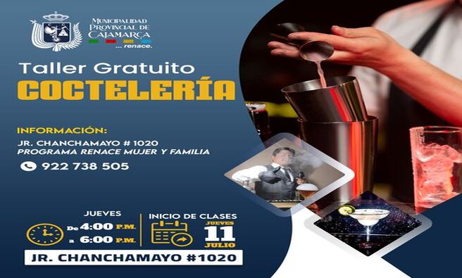 📌La Municipalidad Provincial de Cajamarca te invita a participar en nuestro Taller Gratuito de Coctelería. Esta es una oportunidad única para aprender técnicas de mixología y disfrutar de una experiencia divertida y educativa.