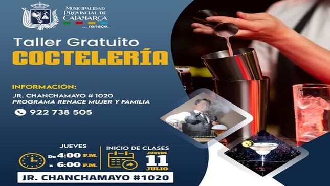 📌La Municipalidad Provincial de Cajamarca te invita a participar en nuestro Taller Gratuito de Coctelería. Esta es una oportunidad única para aprender técnicas de mixología y disfrutar de una experiencia divertida y educativa.