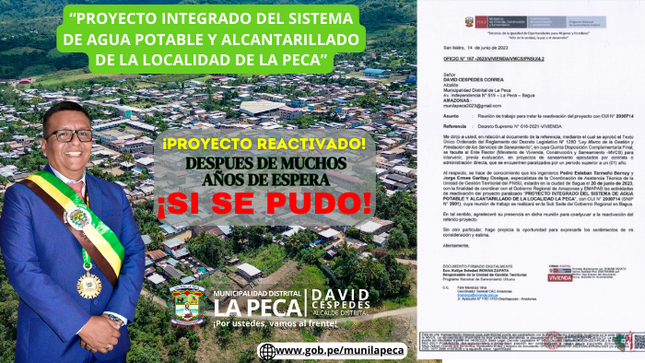 Reactivación del “Proyecto Integrado Del Sistema De Agua Potable Y Alcantarillado De La Localidad De La Peca”