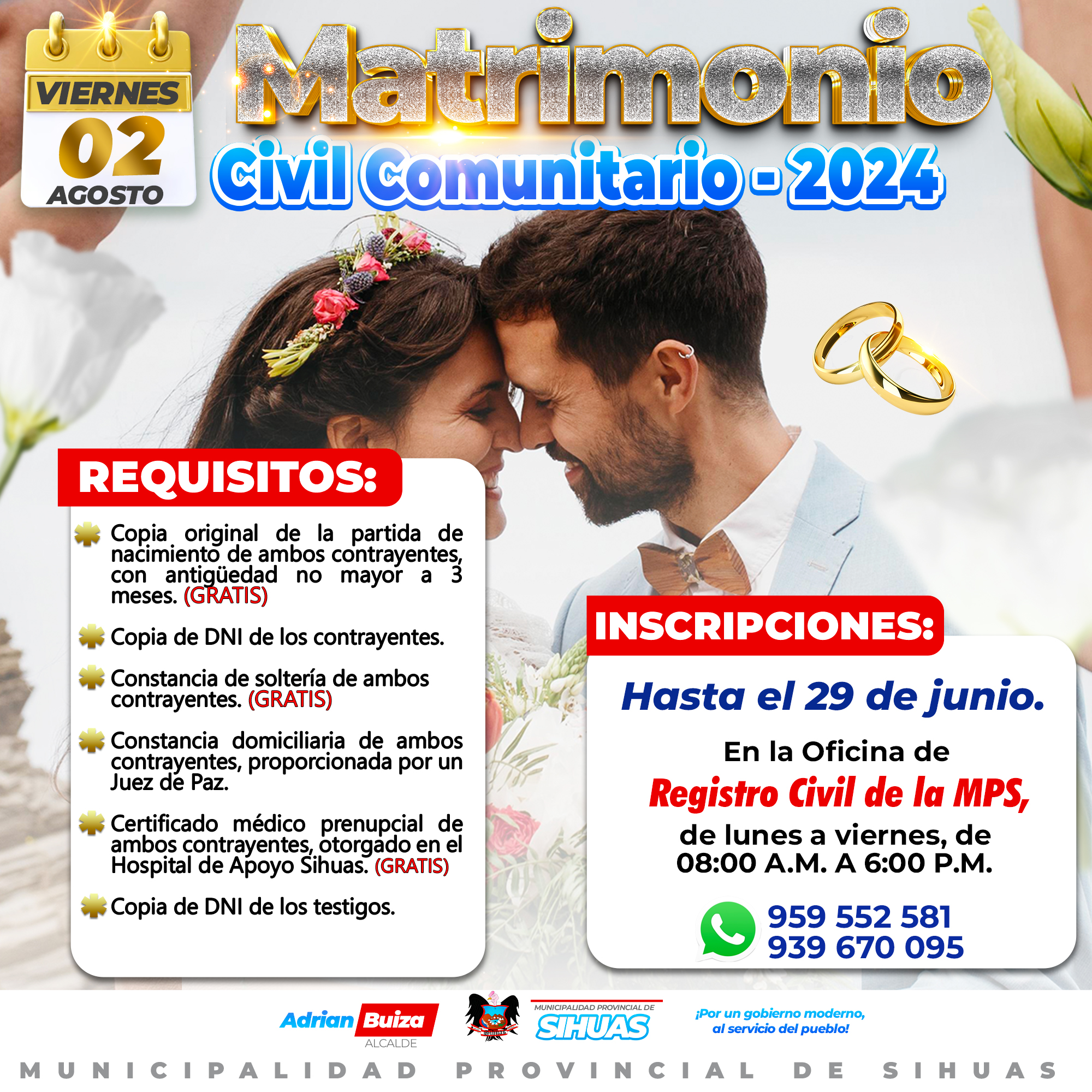 ¡ATENCIÓN PAREJAS ENAMORADAS!
¿Están listos para dar el siguiente paso en su relación?
La Municipalidad Provincial de Sihuas se complace en anunciar: ¡Una buena iniciativa para formalizar!
Mediante la Ordenanza Municipal Nº 006-2024-MPS, se autoriza la celebración del 𝗠𝗮𝘁𝗿𝗶𝗺𝗼𝗻𝗶𝗼 𝗖𝗶𝘃𝗶𝗹 𝗖𝗼𝗺𝘂𝗻𝗶𝘁𝗮𝗿𝗶𝗼 𝟮𝟬𝟮𝟰, con la exoneración del pago de los derechos administrativos que la comuna provincial puede emitir. Para mayor información puedes comunicarte a los siguientes números telefónicos:
959552581
939670095
También puedes acercarte a la oficina de Registro Civil de la institución.
¡El Matrimonio Civil Comunitario 2024 está a la vuelta de la esquina, y ustedes son los invitados de honor!
Conoce un poco más de la ordenanza que aprueba esta gran celebración de unidad y compromiso: https://www.gob.pe/institucion/munisihuas/normas-legales/5651153-006-2024-mps-a?fbclid=IwZXh0bgNhZW0CMTAAAR2ZApD7VseDdoohU-WMa-LJpNsHJKXXqSZIw4Ne27qaKbDy7qo2XNlZ0OE_aem_yKyWwtjWVzfmHgreG2j61Q