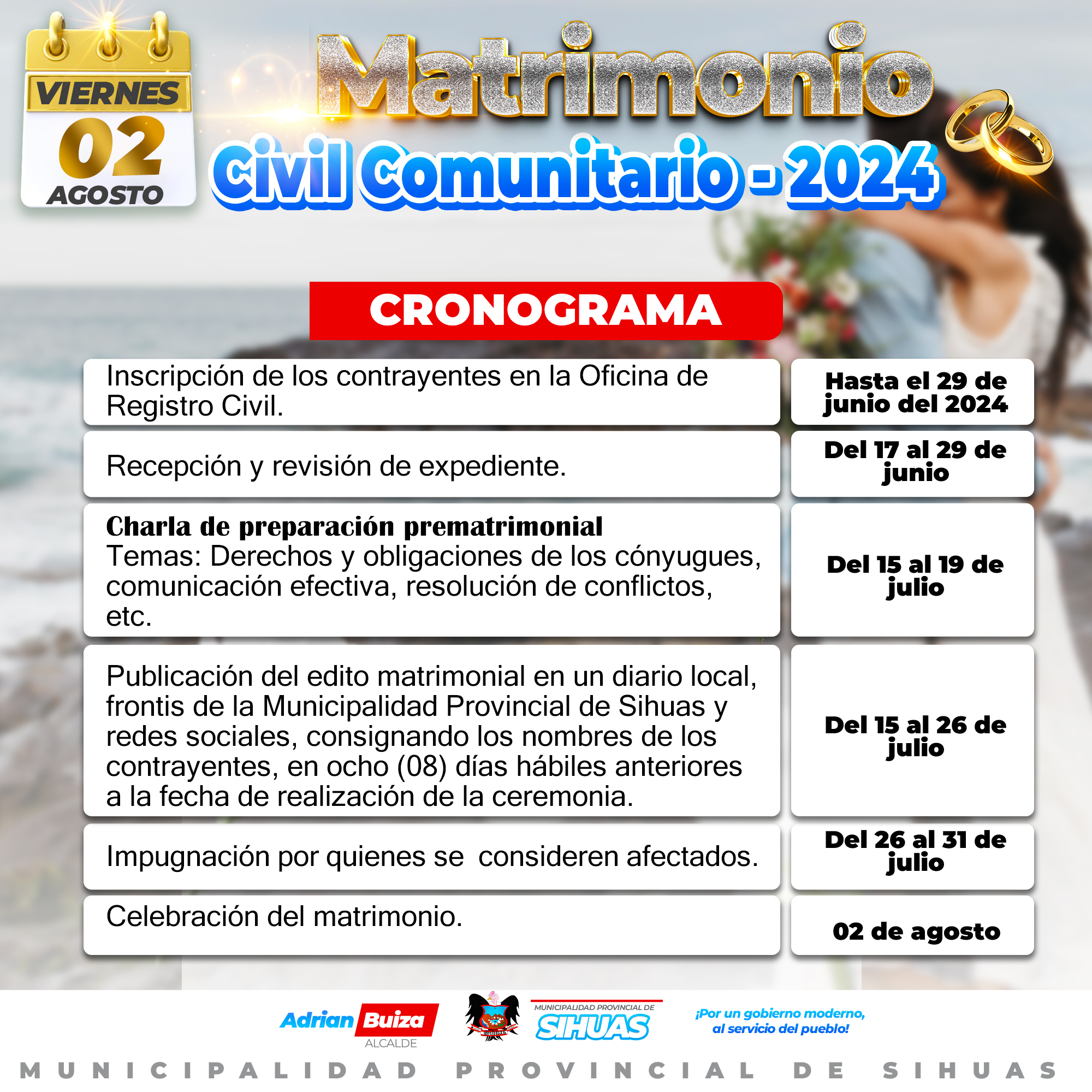 ¡ATENCIÓN PAREJAS ENAMORADAS!
¿Están listos para dar el siguiente paso en su relación?
La Municipalidad Provincial de Sihuas se complace en anunciar: ¡Una buena iniciativa para formalizar!
Mediante la Ordenanza Municipal Nº 006-2024-MPS, se autoriza la celebración del 𝗠𝗮𝘁𝗿𝗶𝗺𝗼𝗻𝗶𝗼 𝗖𝗶𝘃𝗶𝗹 𝗖𝗼𝗺𝘂𝗻𝗶𝘁𝗮𝗿𝗶𝗼 𝟮𝟬𝟮𝟰, con la exoneración del pago de los derechos administrativos que la comuna provincial puede emitir. Para mayor información puedes comunicarte a los siguientes números telefónicos:
959552581
939670095
También puedes acercarte a la oficina de Registro Civil de la institución.
¡El Matrimonio Civil Comunitario 2024 está a la vuelta de la esquina, y ustedes son los invitados de honor!
Conoce un poco más de la ordenanza que aprueba esta gran celebración de unidad y compromiso: https://www.gob.pe/institucion/munisihuas/normas-legales/5651153-006-2024-mps-a?fbclid=IwZXh0bgNhZW0CMTAAAR2ZApD7VseDdoohU-WMa-LJpNsHJKXXqSZIw4Ne27qaKbDy7qo2XNlZ0OE_aem_yKyWwtjWVzfmHgreG2j61Q