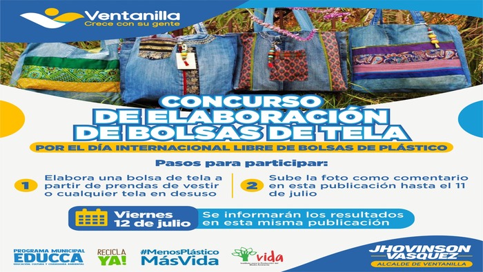 En el marco del ‘Día internacional libre de bolsas de plástico’, con el objetivo de reducir este tipo de elementos que daña nuestro ecosistema y fomentar su consumo responsable, estamos realizando el ‘Concurso de elaboración de bolsas de tela’. Participa elaborando una bolsa con cualquier textil y sube la foto como comentario en esta publicación, tienes hasta el 11 de julio. Trabajamos por un entorno más amigable con el medio ambiente. ¡Ventanilla crece con su gente!