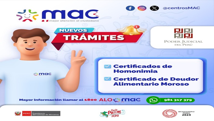 Ahora en el MAC Ventanilla podrán realizar nuevos trámites para su comodidad. Además de otros servicios, podrán obtener certificados de homonimia y de deudor alimentario moroso.