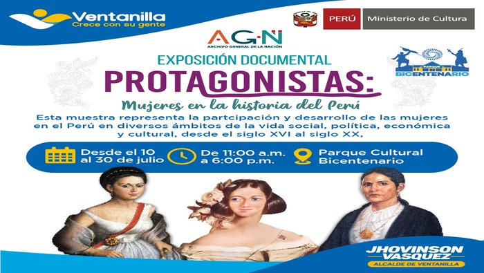  En este mes de la Independencia, la Municipalidad de Ventanilla se une al Archivo General de la Nación para presentar la exposición "Protagonistas: Mujeres en la historia del Perú". Descubre cómo las mujeres han marcado la diferencia en nuestra historia, desde el siglo XVI hasta el XX. Te esperamos del 10 al 31 de julio en la Casa Bicentenario del Parque Cultural Bicentenario. ¡No te lo pierdas! 