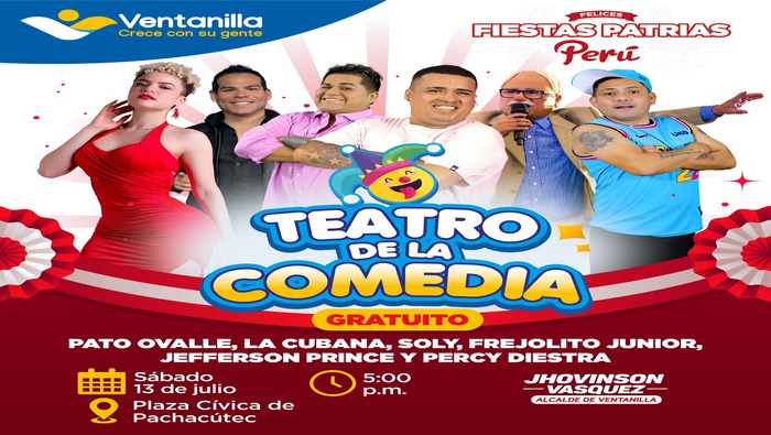 Este sábado 13 y domingo 14, disfruta de una tarde llena de risas y entretenimiento en dos ubicaciones: la Plaza Cívica de Pachacútec y la Plaza de Armas de Villa Los Reyes, a las 5:00 p.m. Es gratuito, ven con tu familia y amigos a pasar un momento inolvidable. ¡Te esperamos!