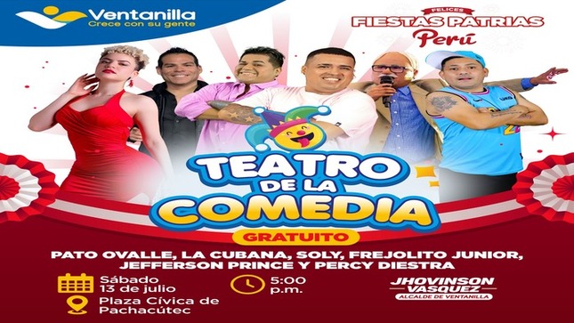 Este sábado 13 y domingo 14, disfruta de una tarde llena de risas y entretenimiento en dos ubicaciones: la Plaza Cívica de Pachacútec y la Plaza de Armas de Villa Los Reyes, a las 5:00 p.m. Es gratuito, ven con tu familia y amigos a pasar un momento inolvidable. ¡Te esperamos!