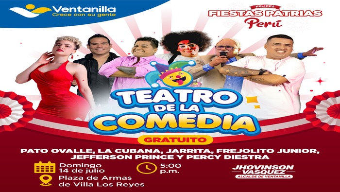 Este sábado 13 y domingo 14, disfruta de una tarde llena de risas y entretenimiento en dos ubicaciones: la Plaza Cívica de Pachacútec y la Plaza de Armas de Villa Los Reyes, a las 5:00 p.m. Es gratuito, ven con tu familia y amigos a pasar un momento inolvidable. ¡Te esperamos!