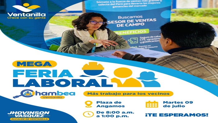 🟡 Vecino, vecina, no esperes más, te ofrecemos la oportunidad de obtener un empleo formal en la mega feria laboral “Chambea Ventanilla 2024”, gracias a las gestiones de nuestro alcalde 𝐉𝐡𝐨𝐯𝐢𝐧𝐬𝐨𝐧 𝐕𝐚𝐬𝐪𝐮𝐞𝐳. Acércate este martes 9 de julio, a la plaza principal de Angamos, desde las 8:00 a.m. Recuerda llevar tu DNI y varias copias de tu curriculum vitae. ¡Ventanilla crece con su gente!