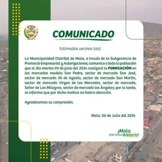 La Municipalidad Distrital de Mala Informa la Fumigación en Diversos Mercados 