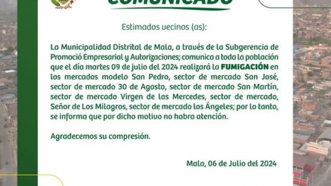 La Municipalidad Distrital de Mala Informa la Fumigación en Diversos Mercados 