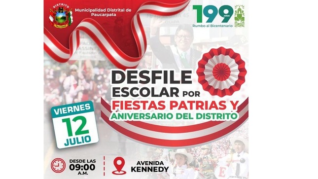 La Municipalidad de Paucarpata se complace en invitarlos al gran desfile escolar que se llevará a cabo el día 12 de julio en la Avenida Kennedy, a partir de las 9:00 am. Este evento forma parte de las celebraciones por nuestras fiestas patrias y el 199 aniversario de nuestro querido distrito.
Ven y disfruta de un desfile lleno de color, música y alegría. 
¡Te esperamos para celebrar juntos este día tan especial!