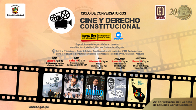 Del 15 al 19 de julio se realizarán conversatorios sobre cine y derecho en Lima y Arequipa organizados por el Centro de Estudios Constitucionales del TC