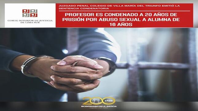Profesor es condenado a 20 años de prisión por abuso sexual a su alumna de 16 años