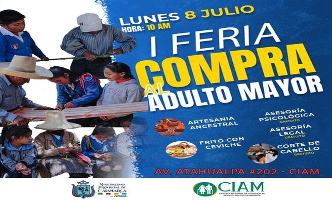📌Este lunes 8 de julio, te invitamos a apoyar a nuestros adultos mayores en la feria del CIAM. Encontrarás productos artesanales, frito con ceviche, asesoría legal, asesoría jurídica y corte de cabello.