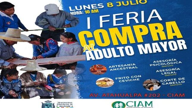📌Este lunes 8 de julio, te invitamos a apoyar a nuestros adultos mayores en la feria del CIAM. Encontrarás productos artesanales, frito con ceviche, asesoría legal, asesoría jurídica y corte de cabello.