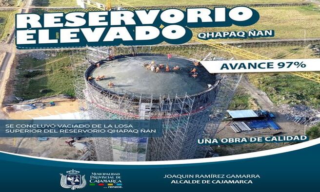 📌Esta semana se cumplió otro hito en la construcción del reservorio del #pozotubular del #QhapaqÑan: el vaciado de la losa superior de la cuba que almacenará 1,100 metros cúbicos de agua. 
Luego de ello se iniciarán las pruebas de estanqueidad en el reservorio que permita asegurar su impermeabilidad y en pocas semanas esta obra quedará al servicio de la población cajamarquina 🚰.