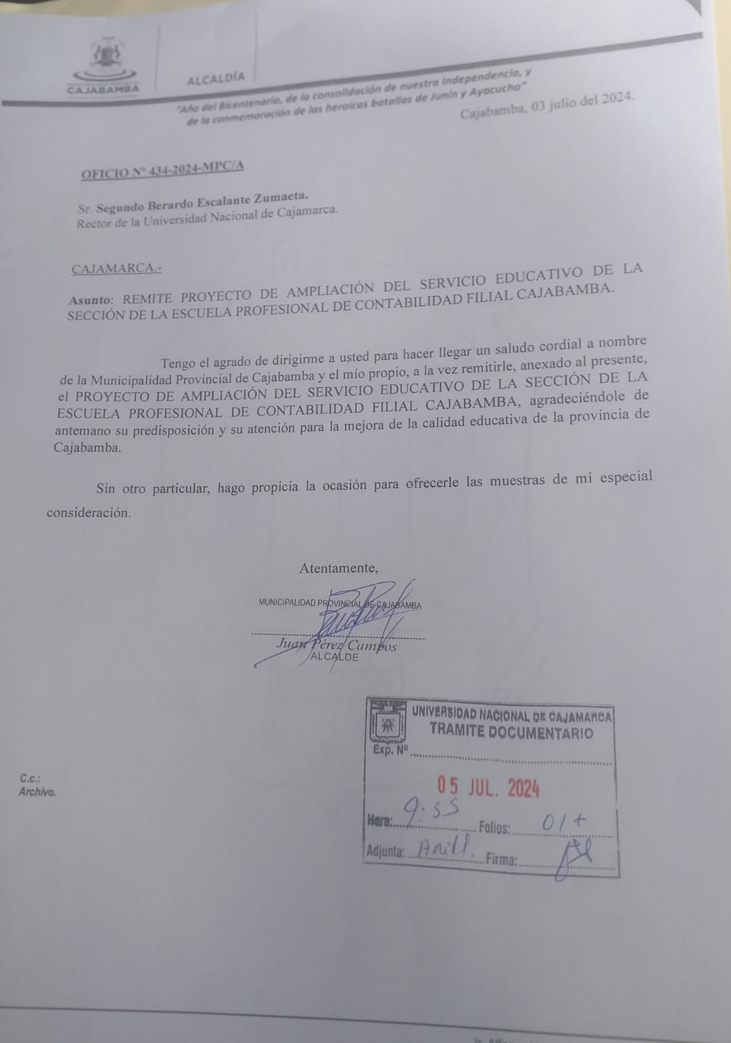 Se presentó proyecto de ampliación del servicio educativo para la UNC-Filial Cajabamba