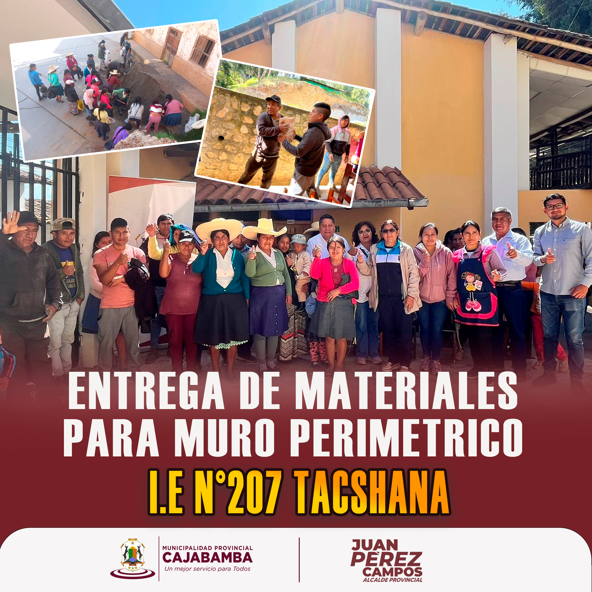Entrega de materiales para muro perimétrico en Institución Educativa n°207, Tacshana