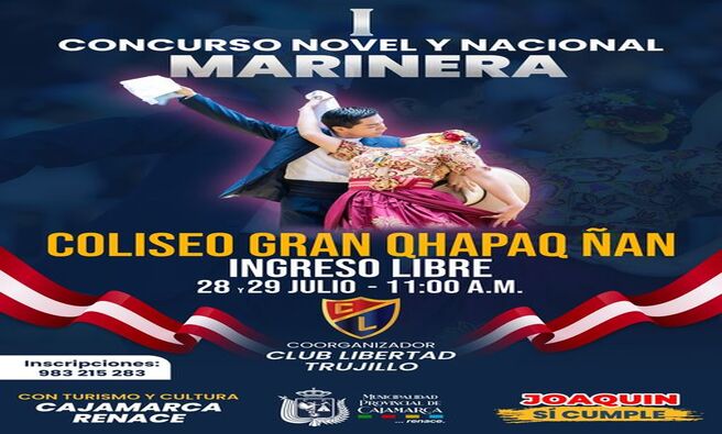 Ven y disfruta del talento novel y nacional en este concurso de marinera en la primera Expo Cajamarca Renace. π€©TodavΓa puedes inscribirte 983 215 283.
π
Fecha: 28 y 29 de julio
π Lugar: Explanada Qhapaq Γan