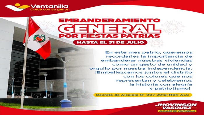 En este mes de julio, se invita a todos a izar con orgullo la bandera bicolor y mostrar amor por el Perú. Desde hogares hasta comercios e instituciones, es momento de rendir homenaje a nuestros héroes nacionales que lucharon por nuestra independencia. Unámonos en este sentimiento de orgullo y amor por nuestra tierra. ¡Viva el Perú! ¡Viva la independencia!