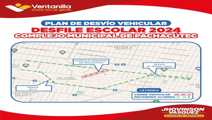 Ante la realización de los desfiles descentralizados por fiestas patrias, se ocuparán diferentes vías del distrito, por ello, tenemos un plan de desvío vehicular por cada sector, de esa forma no afectar el normal desarrollo de las actividades de nuestra población. Tomar sus previsiones, desde las 8.00 a.m. hasta las 2.00 p.m. ¡Apóyanos a mantener el orden!
𝐋𝐮𝐠𝐚𝐫𝐞𝐬 𝐲 𝐡𝐨𝐫𝐚𝐫𝐢𝐨𝐬:
11 de julio: Complejo Municipal de Pachacútec
12 de julio: Av. Neptuno, Urb. Naval
15 de julio: Altura de Plaza principal, Urb. Pedro Cueva
16 de julio: Plaza de Armas de Villa Los Reyes
18 de julio: Parque Temático Naval Monitor Huáscar