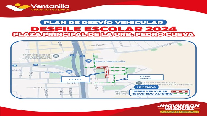 Ante la realización de los desfiles descentralizados por fiestas patrias, se ocuparán diferentes vías del distrito, por ello, tenemos un plan de desvío vehicular por cada sector, de esa forma no afectar el normal desarrollo de las actividades de nuestra población. Tomar sus previsiones, desde las 8.00 a.m. hasta las 2.00 p.m. ¡Apóyanos a mantener el orden!
𝐋𝐮𝐠𝐚𝐫𝐞𝐬 𝐲 𝐡𝐨𝐫𝐚𝐫𝐢𝐨𝐬:
11 de julio: Complejo Municipal de Pachacútec
12 de julio: Av. Neptuno, Urb. Naval
15 de julio: Altura de Plaza principal, Urb. Pedro Cueva
16 de julio: Plaza de Armas de Villa Los Reyes
18 de julio: Parque Temático Naval Monitor Huáscar