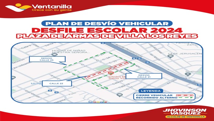 Ante la realización de los desfiles descentralizados por fiestas patrias, se ocuparán diferentes vías del distrito, por ello, tenemos un plan de desvío vehicular por cada sector, de esa forma no afectar el normal desarrollo de las actividades de nuestra población. Tomar sus previsiones, desde las 8.00 a.m. hasta las 2.00 p.m. ¡Apóyanos a mantener el orden!
𝐋𝐮𝐠𝐚𝐫𝐞𝐬 𝐲 𝐡𝐨𝐫𝐚𝐫𝐢𝐨𝐬:
11 de julio: Complejo Municipal de Pachacútec
12 de julio: Av. Neptuno, Urb. Naval
15 de julio: Altura de Plaza principal, Urb. Pedro Cueva
16 de julio: Plaza de Armas de Villa Los Reyes
18 de julio: Parque Temático Naval Monitor Huáscar