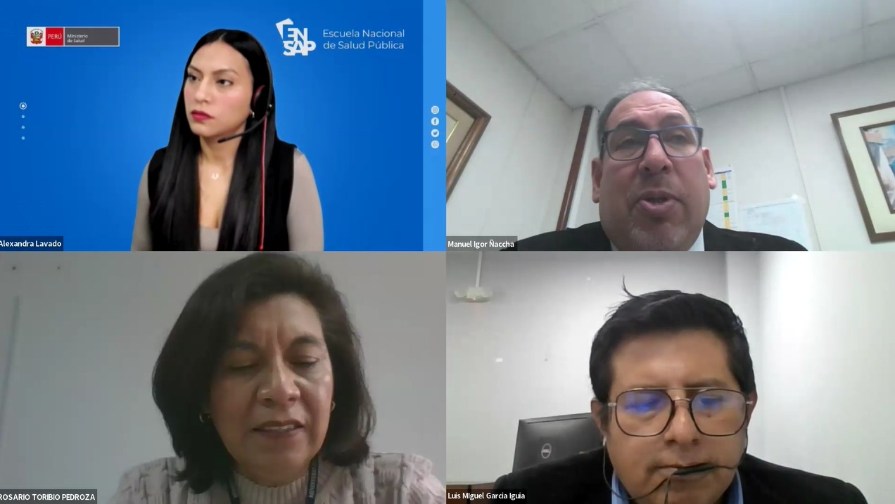 Dr. Manuel Igor Ñaccha, Asesor del Ministerio de Salud (superior derecha); Dra. Rosario Toribio Pedroza, de la Dirección General de Operaciones en Salud DGOS-Lima (inferior izquierda); Ec. Luis Miguel García Iguía, Miembro del equipo técnico de la Oficina de Programación Multianual de Inversión de la Oficina General de Planeamiento, Presupuesto y Modernización del sector salud del MINSA (inferior derecha).