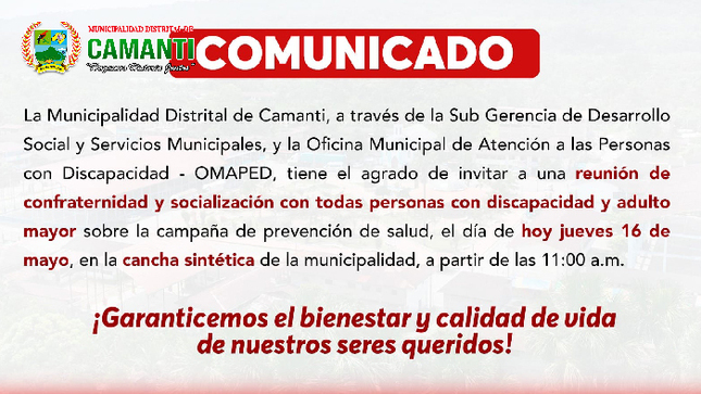 COMUNICADO: Invitación a Reunión de Confraternidad y Socialización para Personas con Discapacidad y Adulto Mayor