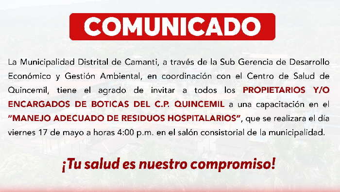 COMUNICADO: Capacitación en Manejo Adecuado de Residuos Hospitalarios para Propietarios y Encargados de Boticas