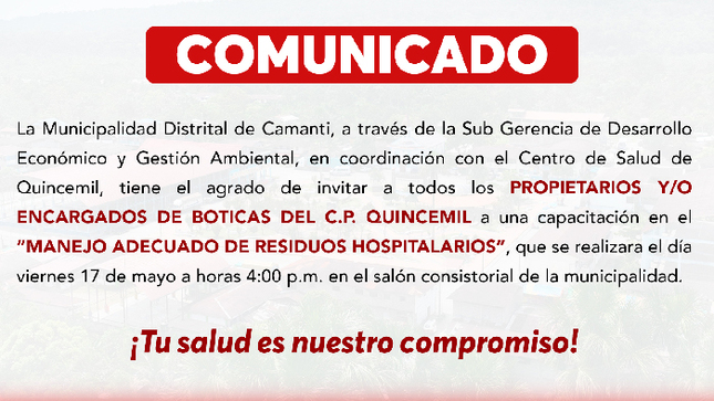 COMUNICADO: Capacitación en Manejo Adecuado de Residuos Hospitalarios para Propietarios y Encargados de Boticas