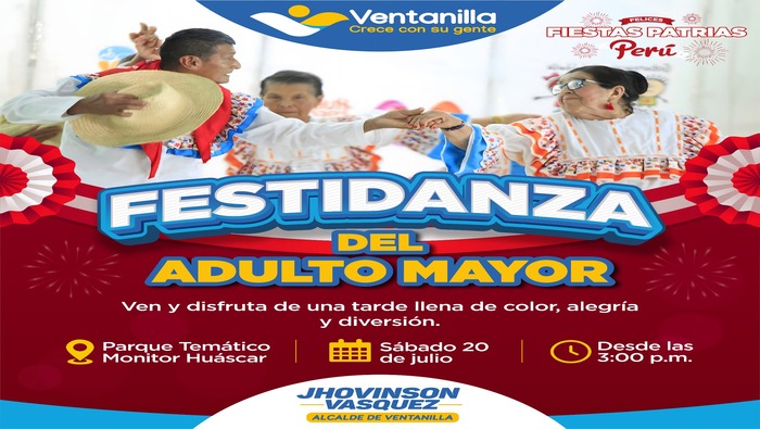 ¡Celebra las fiestas patrias con nosotros! Disfruta de la "Festidanza del adulto mayor" y la "Jarana Criolla con concurso de platos típicos", gracias a la iniciativa de nuestro alcalde 𝐉𝐡𝐨𝐯𝐢𝐧𝐬𝐨𝐧 𝐕𝐚𝐬𝐪𝐮𝐞𝐳. Bailes regionales, delicias culinarias y espectáculos criollos te esperan este sábado 20 y domingo 21 de julio. ¡No te lo pierdas!