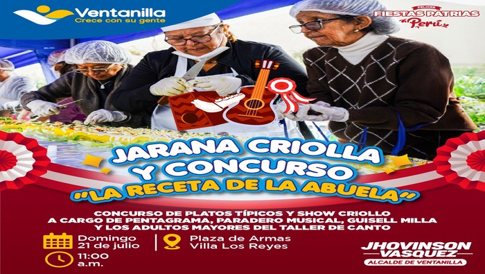 ¡Celebra las fiestas patrias con nosotros! Disfruta de la "Festidanza del adulto mayor" y la "Jarana Criolla con concurso de platos típicos", gracias a la iniciativa de nuestro alcalde 𝐉𝐡𝐨𝐯𝐢𝐧𝐬𝐨𝐧 𝐕𝐚𝐬𝐪𝐮𝐞𝐳. Bailes regionales, delicias culinarias y espectáculos criollos te esperan este sábado 20 y domingo 21 de julio. ¡No te lo pierdas!