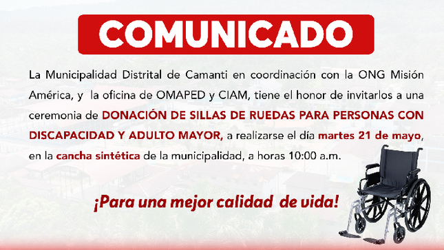 COMUNICADO: Donación de Sillas de Ruedas a Personas con Discapacidad y Adultos Mayores