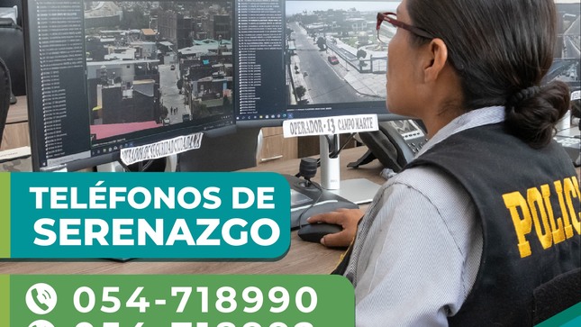 Vecino recuerda que el personal de serenazgo atiende las 24 horas.
Ponemos a disposición nuestra central telefónica ante cualquier emergencia.
054 718990
054 718992