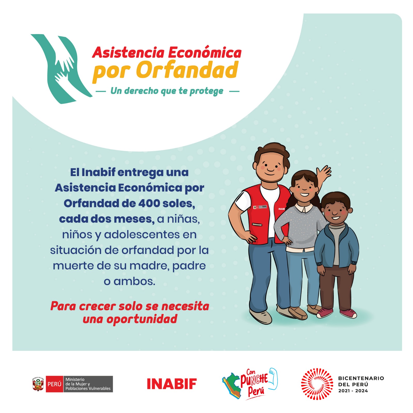 💠¿QUÉ ES LA ASISTENCIA ECONÓMICA POR ORFANDAD?
Son las niñas, niños y adolescentes que se encuentran en situación de orfandad, por haberse producido el fallecimiento de su padre, madre o ambos o tutor legal, quienes provienen o son acogidos en hogares que se encuentran en situación de pobreza o pobreza extrema.
Adicionalmente, son las niñas, niños y adolescentes en situación de orfandad que están bajo el mecanismo intersectorial para la protección de los defensores de derechos humanos.
Las niñas, niños y adolescentes que padezcan enfermedades crónicas o aquellos que tengan alguna discapacidad tendrán preferencia respecto al otorgamiento de los beneficios de la ley.
👉Si deseas mayor información puedes acercarte a la oficina de la DEMUNA (en la Municipalidad Provincial de Sihuas) o llamar al número 997052387.
🔹Más información en:
https://www.inabif.gob.pe/portalweb/asistencia_economica/