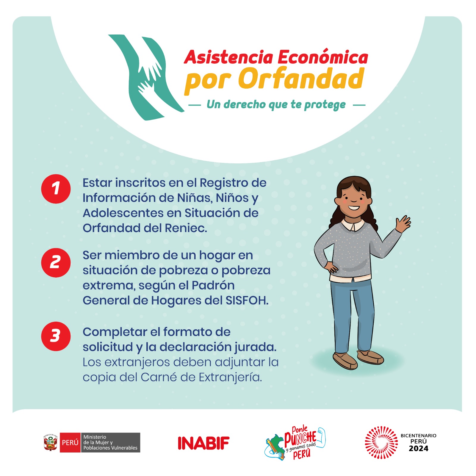 💠¿QUÉ ES LA ASISTENCIA ECONÓMICA POR ORFANDAD?
Son las niñas, niños y adolescentes que se encuentran en situación de orfandad, por haberse producido el fallecimiento de su padre, madre o ambos o tutor legal, quienes provienen o son acogidos en hogares que se encuentran en situación de pobreza o pobreza extrema.
Adicionalmente, son las niñas, niños y adolescentes en situación de orfandad que están bajo el mecanismo intersectorial para la protección de los defensores de derechos humanos.
Las niñas, niños y adolescentes que padezcan enfermedades crónicas o aquellos que tengan alguna discapacidad tendrán preferencia respecto al otorgamiento de los beneficios de la ley.
👉Si deseas mayor información puedes acercarte a la oficina de la DEMUNA (en la Municipalidad Provincial de Sihuas) o llamar al número 997052387.
🔹Más información en:
https://www.inabif.gob.pe/portalweb/asistencia_economica/