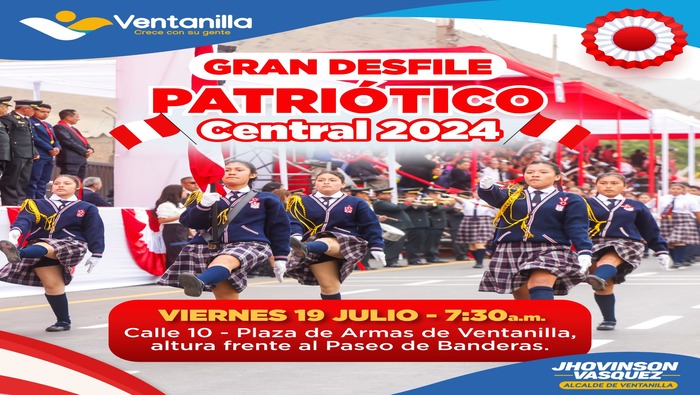 🔵🟡 Te invitamos al Gran Desfile Patriótico Central 2024, que se llevará a cabo este viernes 19 de julio a las 07:30 a.m. en la Plaza de Armas de la calle 10. Acompáñanos en esta mañana llena de tradición y patriotismo. Además, para garantizar la fluidez del evento, hemos implementado un plan de desvío vehicular, toma nota de las rutas alternativas. colabora con el orden y la seguridad.