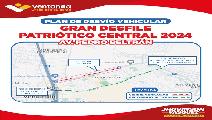 🔵🟡 Te invitamos al Gran Desfile Patriótico Central 2024, que se llevará a cabo este viernes 19 de julio a las 07:30 a.m. en la Plaza de Armas de la calle 10. Acompáñanos en esta mañana llena de tradición y patriotismo. Además, para garantizar la fluidez del evento, hemos implementado un plan de desvío vehicular, toma nota de las rutas alternativas. colabora con el orden y la seguridad.
