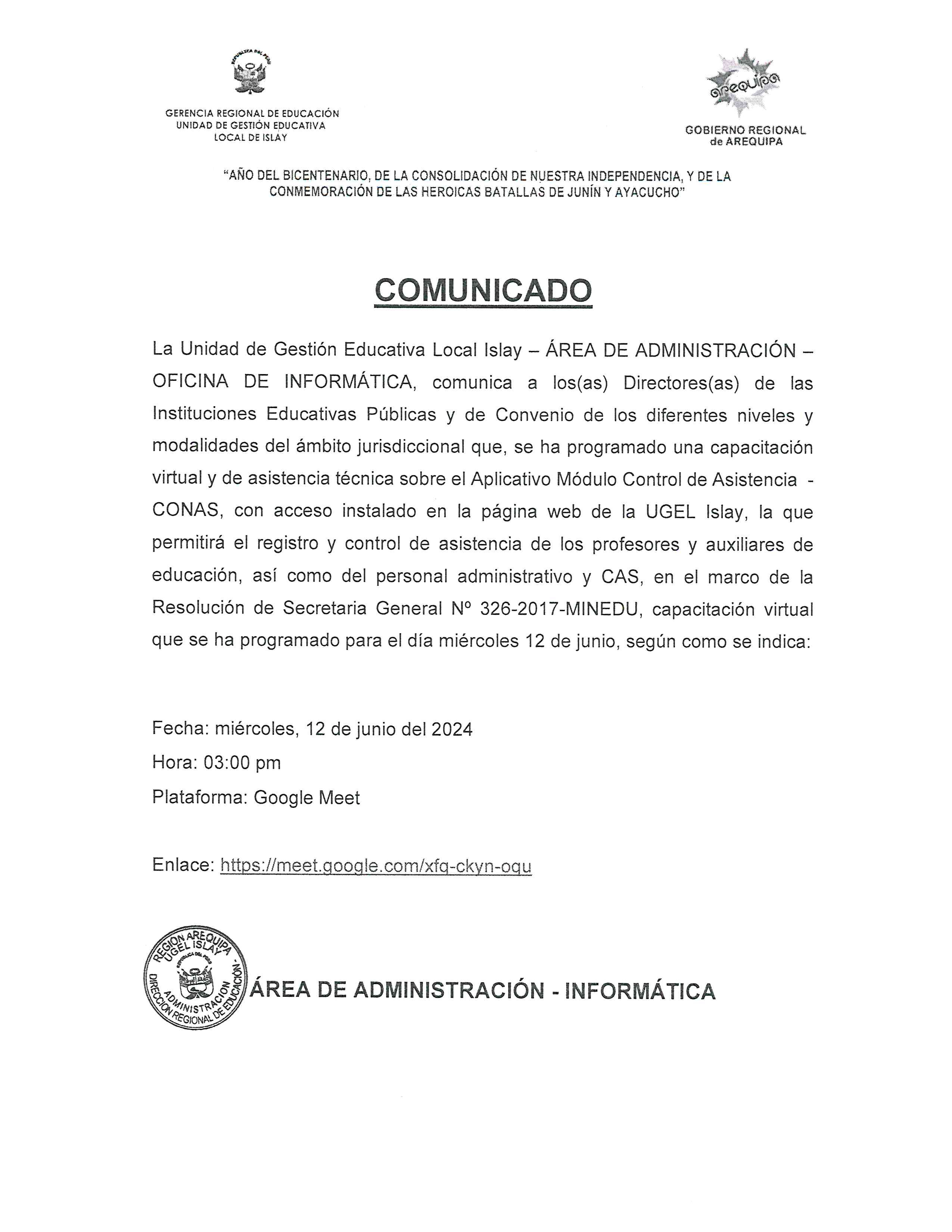 Comunicado - Capacitación Virtual de la Plataforma CONAS