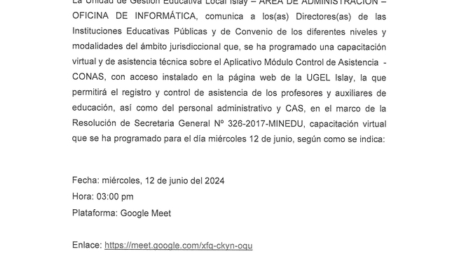 Comunicado - Capacitación Virtual de la Plataforma CONAS