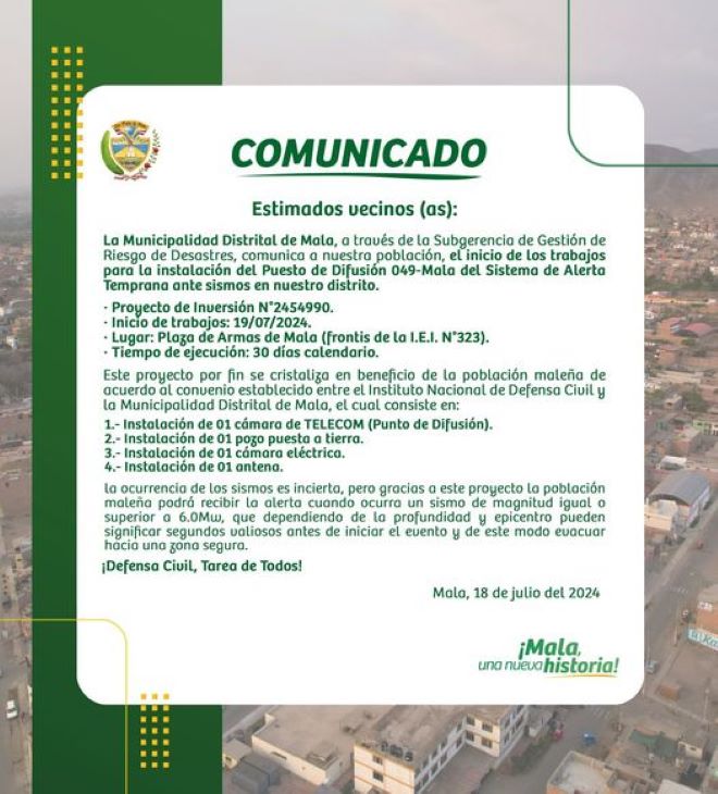 La Municipalidad Distrital de Mala Informa que el Inicio de Trabajos para la Instalaci贸n del Puesto de Difusi贸n 049-Mala