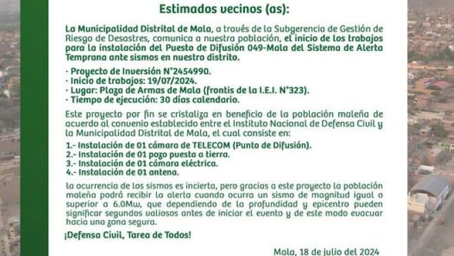 La Municipalidad Distrital de Mala Informa que el Inicio de Trabajos para la Instalación del Puesto de Difusión 049-Mala